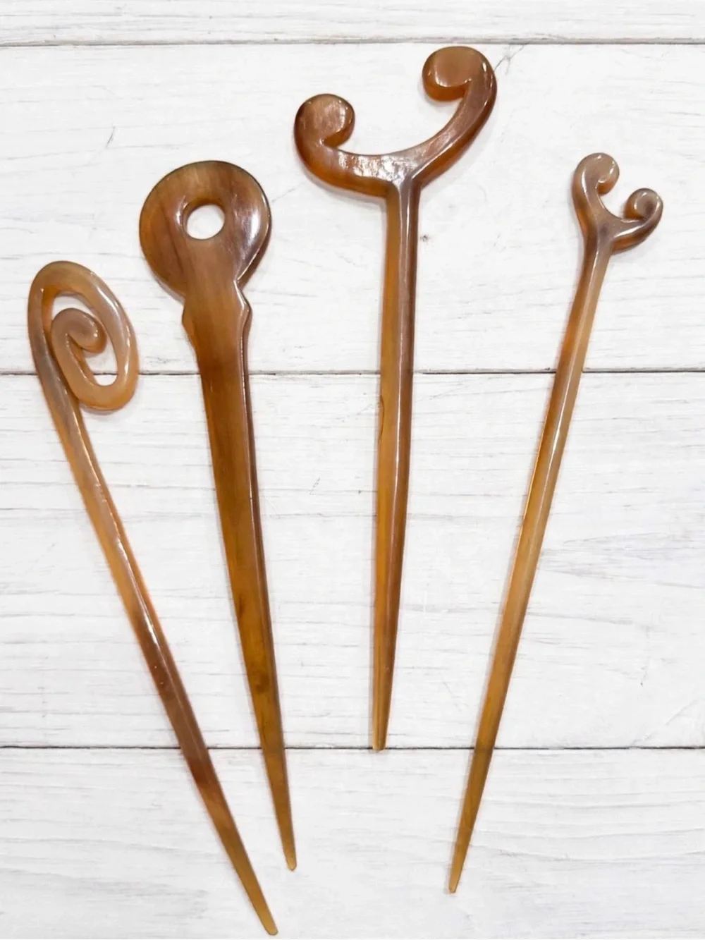 Handcrafted Horn Hair Sticks - Amber Brown Set of 4